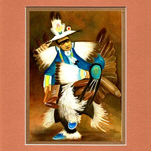 May include: A watercolor painting of a Native American dancer wearing a blue and white feathered costume. The dancer is holding a rattle in their right hand and is performing a traditional dance. The background is a brown color.