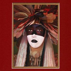 May include: A painting of a woman with long white hair wearing a headdress of feathers. She has dark skin and is wearing white face paint with black accents around her eyes and mouth.