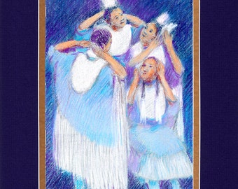 Pastel Blue Dancers - 8"x10" Double matted archival prints entirely made by Native American Artist Daniel Ramirez