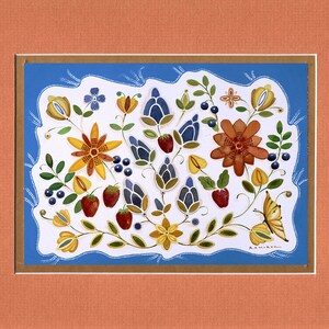 May include: A blue and white floral print with yellow, orange, and red flowers, green leaves, and blue berries. A butterfly is in the bottom right corner. The print is framed in a brown and orange mat.