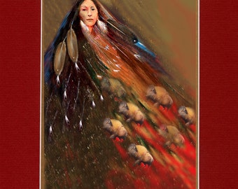 Bison Spirit Woman 2021 - Large Double matted archival prints 16"x20" (Image Size 11"x15") by Native American Artist Daniel Ramirez