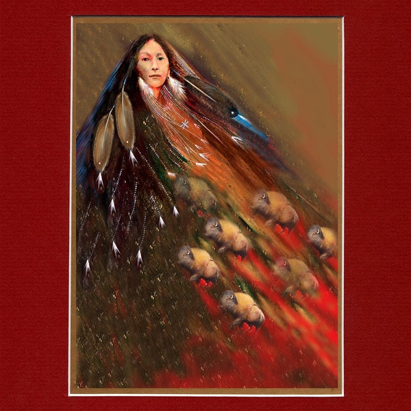 Bison Spirit Woman 2021 - Large Double matted archival prints 16"x20" (Image Size 11"x15") by Native American Artist Daniel Ramirez