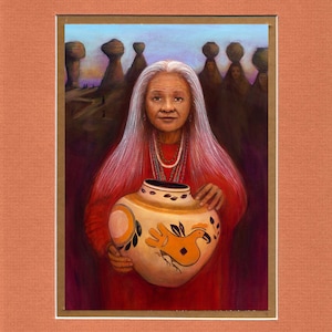 May include: A woman with long white hair and a red dress holds a large, white ceramic pot with a yellow bird design. The pot has a black rim and a black handprint on the front. The woman is standing in front of a background of rock formations.