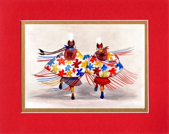 2 Sisters with the Floral Shawls - Double matted archival prints entirely made by Native American Artist Daniel Ramirez