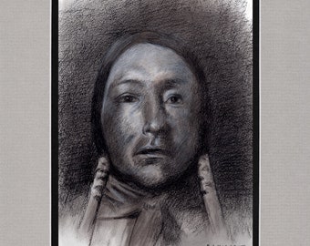 Portrait of a Sioux Man 2024 -8"x10" Double matted archival prints entirely made by Native American Artist Daniel Ramirez - Image Size 5"x7"
