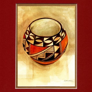 May include: A watercolor painting of a Native American pottery bowl with geometric patterns in black, white, orange, and brown. The bowl is on a light brown background. The artist's signature, "RAMIREZ", is in the bottom right corner.