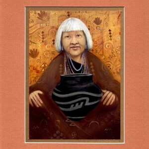 May include: A painting of a woman with white hair wearing a brown robe and holding a black pottery vase with a geometric design. The background is a yellow and orange pattern.