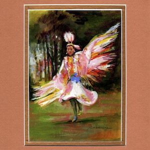 May include: A watercolor painting of a Native American dancer wearing a colorful feathered headdress and a pink and white dress. The dancer is in motion, with their arms outstretched and their feet off the ground. The background is a blurred green and brown.