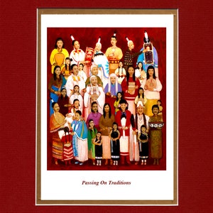 May include: A colorful painting of a group of people, mostly women and children, wearing traditional Native American clothing. The painting is titled "Passing On Traditions".