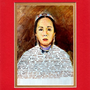 May include: A painting of a Native American woman with a colorful beaded headband. The painting is titled "All Lives Matter" and lists many different Native American tribes.