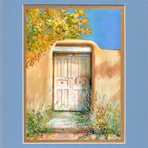 May include: A watercolor painting of a white double door with a brown adobe wall and a yellow tree in the background.