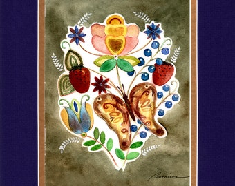 Butterfly with Berries - 8"x10" Double matted archival prints entirely made by Native American Artist Daniel Ramirez
