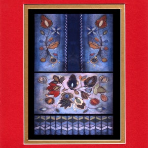 May include: A framed artwork with a blue and gold color scheme. The artwork features a stylized floral design with red, green, and blue accents. The design is divided into three sections, with the top and bottom sections featuring a repeating pattern.