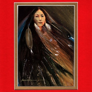 May include: A painting of a Native American woman wearing a dark blue and brown shawl with feathers and beads. The woman has long dark hair and is looking directly at the viewer. The background is a dark brown color.