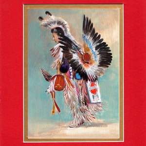May include: A watercolor painting of a Native American dancer wearing a traditional feathered headdress and regalia. The dancer is in a pose with their arms outstretched, and the feathers are flowing behind them. The painting is set against a light blue background.