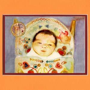 May include: Watercolor painting of a baby in a crib with a colorful patterned blanket. The baby is looking directly at the viewer with a sweet expression.