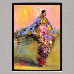 May include: A painting of a person wearing a colorful, patterned cloak with a pink background.