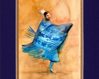 Blue Dragonfly Shawl Dancer - 8"x10" Double matted archival prints entirely made by Native American Artist Daniel Ramirez