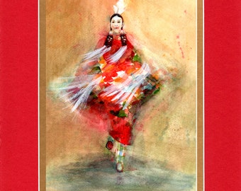 Abstract Red Butterfly Shawl Dancer- Large Double matted archival prints 16"x20"  by Native American Artist Daniel Ramirez