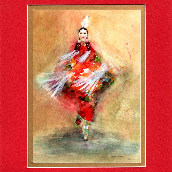 Abstract Red Butterfly Shawl Dancer- Large Double matted archival prints 16"x20"  by Native American Artist Daniel Ramirez