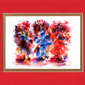 May include: Three figures in a watercolor painting are wearing colorful feathered headdresses and traditional clothing. The figures are dancing and their movements are captured in a dynamic and expressive way. The painting is set against a white background.