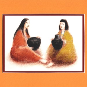 May include: Two women, one wearing a red dress and the other wearing a yellow dress, are sitting and holding black pottery.
