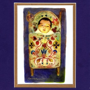 May include: Watercolor painting of a baby sleeping in a crib with a floral patterned blanket. The crib is decorated with colorful flowers and leaves. The baby is wearing a white shirt and has a peaceful expression on their face.