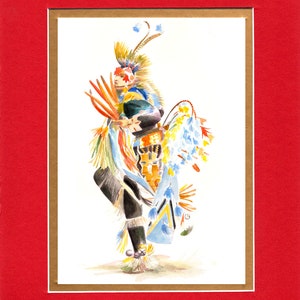 May include: Watercolor painting of a Native American dancer wearing a colorful headdress and regalia. The dancer is in mid-step, with their arms outstretched. The background is white.