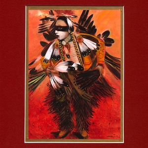 May include: A watercolor painting of a Native American man in traditional regalia, with a black mask and feathers, against a red and orange background.