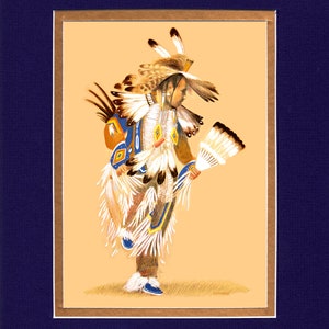 May include: A Native American dancer in traditional regalia, wearing a headdress with feathers and a blue and white costume, holding a fan of feathers. The dancer is against a light orange background.