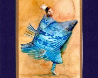 Blue Dragonfly Shawl Dancer - Large Double matted archival prints 16"x20"  by Native American Artist Daniel Ramirez