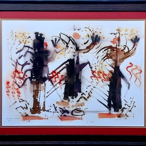 May include: Abstract watercolor painting of three figures with black and brown outlines, standing in a field of yellow flowers. The figures are stylized and have a whimsical feel. The painting is signed "Robert Cronbach" in the lower left corner.
