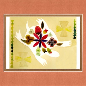 May include: A white silhouette of a bird with a variety of colorful flowers and leaves on its back. The background is a light yellow with green and yellow geometric shapes.
