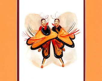 Monarch Twin Shawl Dancers - 8"x10" Double matted archival prints entirely made by Native American Artist Daniel Ramirez
