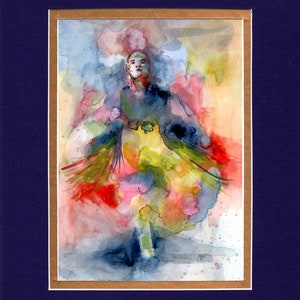 May include: Watercolor painting of a person with a colorful, abstract background. The person is wearing a yellow and green dress with red and blue accents. The background is a mix of blue, yellow, red, and green.
