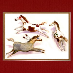 May include: A watercolor painting of three horses running. The horses are white with brown and green spots. The horses have feathered headdresses.