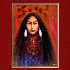 May include: A painting of a Native American woman with long black hair wearing a beaded necklace with dragonfly accents. The background is a warm orange with a flock of hummingbirds flying overhead.