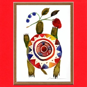 May include: A watercolor painting of a turtle with a colorful shell. The turtle is holding a branch with blueberries and a strawberry on top. The painting is signed "Ramirez".