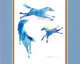 Trio of Blue Horses - 8"x10" Double matted archival prints entirely made by Native American Artist Daniel Ramirez