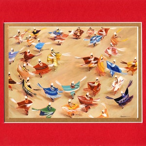May include: A painting of a group of people in colorful clothing dancing in a circle. The dancers are wearing traditional Native American clothing and headdresses. The background is a light brown color.