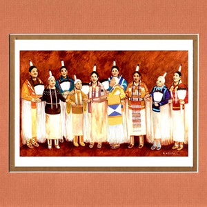 May include: A painting of a group of women wearing traditional Native American clothing and headdresses. The women are standing in a line and holding hands. The painting is set against a red background.