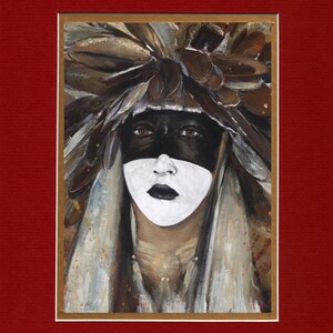 May include: A painting of a person wearing a headdress with feathers and a white mask with black accents. The person's eyes are visible and the background is a brown and white abstract design.
