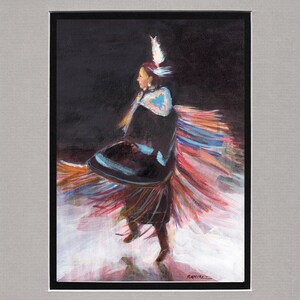 May include: A painting of a Native American woman in a traditional dance costume. She is wearing a black dress with colorful fringe and a headdress with feathers. The background is dark and the woman is lit from the side.