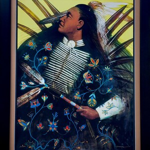 May include: A framed painting of a Native American man in traditional clothing, holding a feathered staff. The background is a dark green with stylized flowers in shades of blue, red, and yellow.