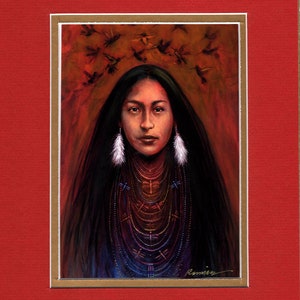 May include: A painting of a Native American woman with long dark hair wearing a beaded necklace and earrings. The background is a red-orange color with a flock of birds flying overhead.