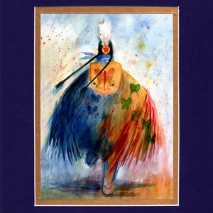 May include: Watercolor painting of a person wearing a colorful costume with butterfly motifs. The person is wearing a headdress with feathers and a red and yellow butterfly on their chest. The background is a light blue with white and yellow splatters.