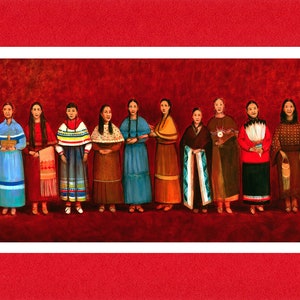 Women of Oklahoma The World's Longest Native American Painting 10x23 Matted Archival Print Red Mat