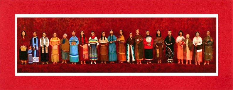 Women of Oklahoma The World's Longest Native American Painting 10x23 Matted Archival Print Red Mat