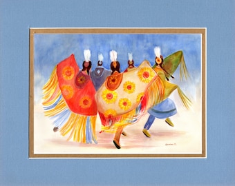 Sunflowers shawl dancers 2023 - 8"x10" Double matted archival prints made by Native American Artist Daniel Ramirez - Image Size 5"x7"