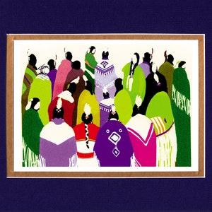 May include: A colorful painting of a group of people wearing traditional clothing. The people are standing in a circle, and they are all looking at the center of the circle. The painting is done in a style that is reminiscent of Native American art.